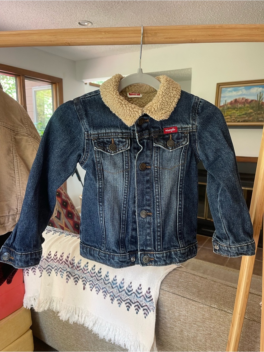 3T Toddler Wrangler Dark Blue Denim Jacket with Cream Sherpa Collar